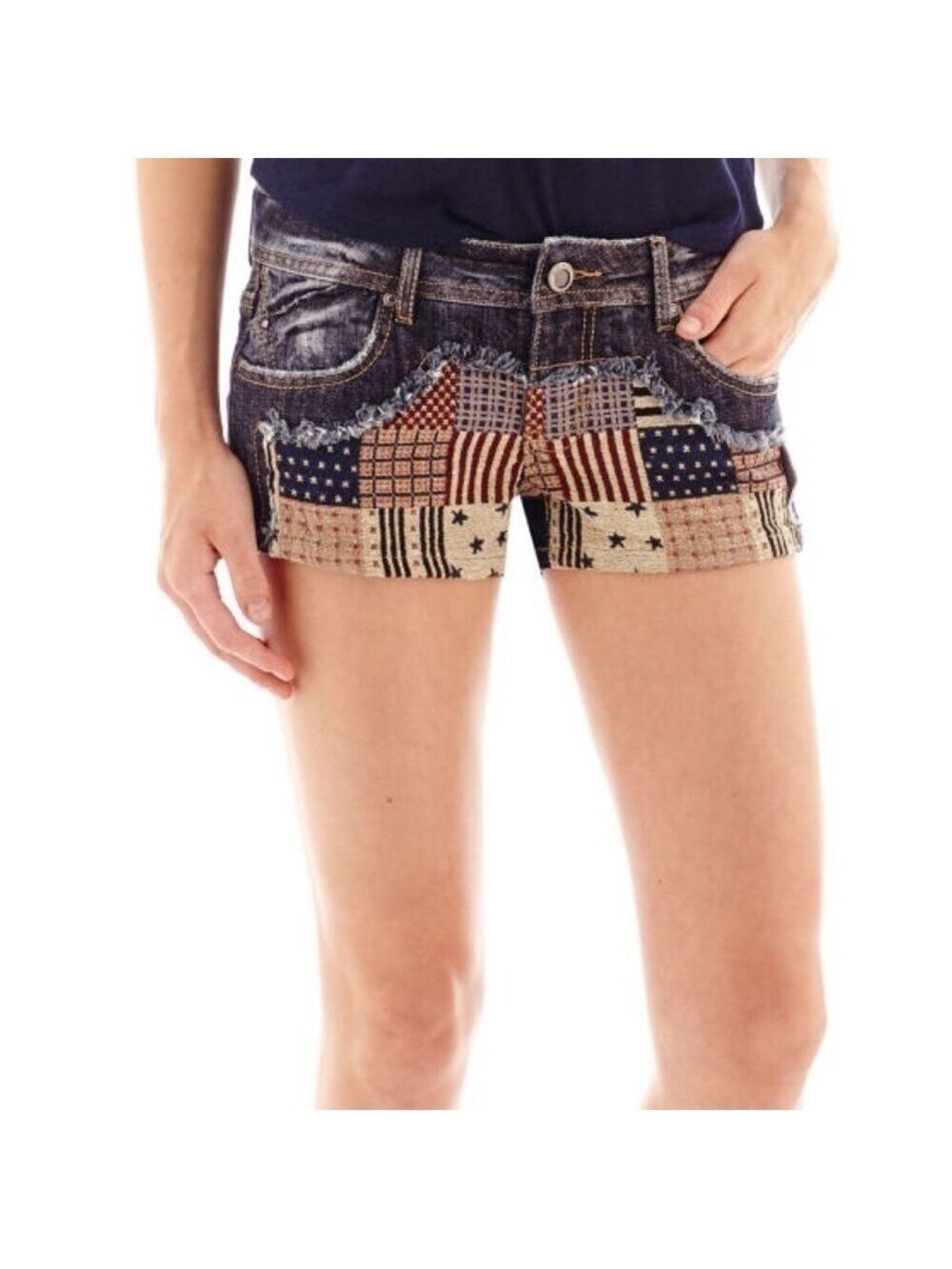 𝅺Hot Kiss Americana denim patchwork patriotic short shorts Jr size 7